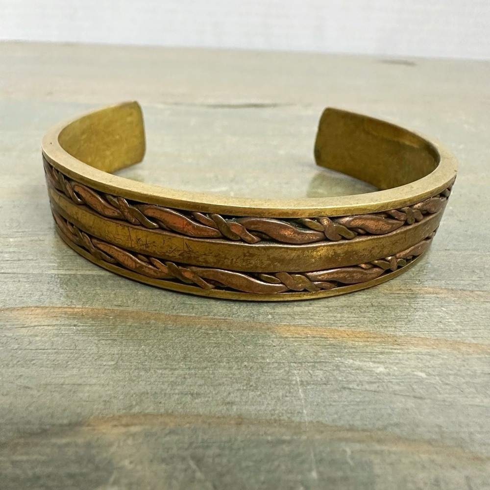 Vintage Brass Copper Cuff Bracelet Braid Twist Inlaid Design Solid Thick Unisex